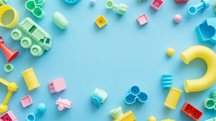 A playful assortment of colorful plastic toys spread on a blue background, creating a lively and joyful scene.