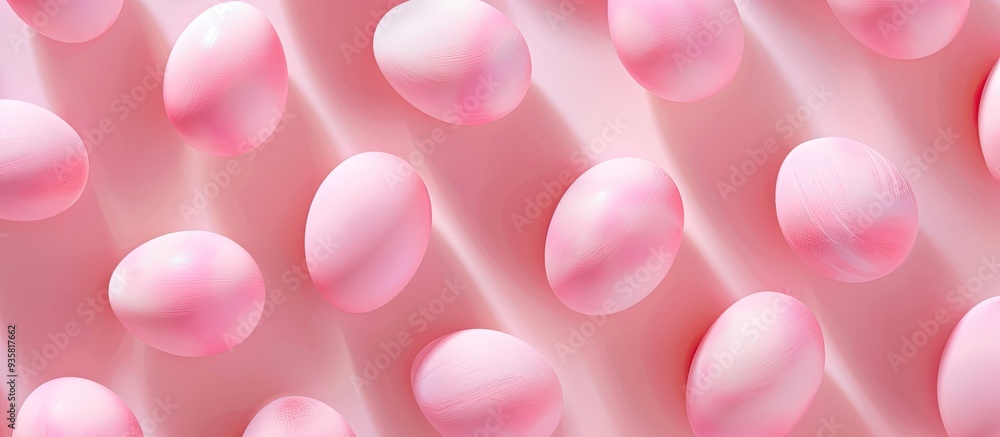 Poster pattern of pink eggs illuminated by hard light on a white background vibrant easter backdrop. copy s