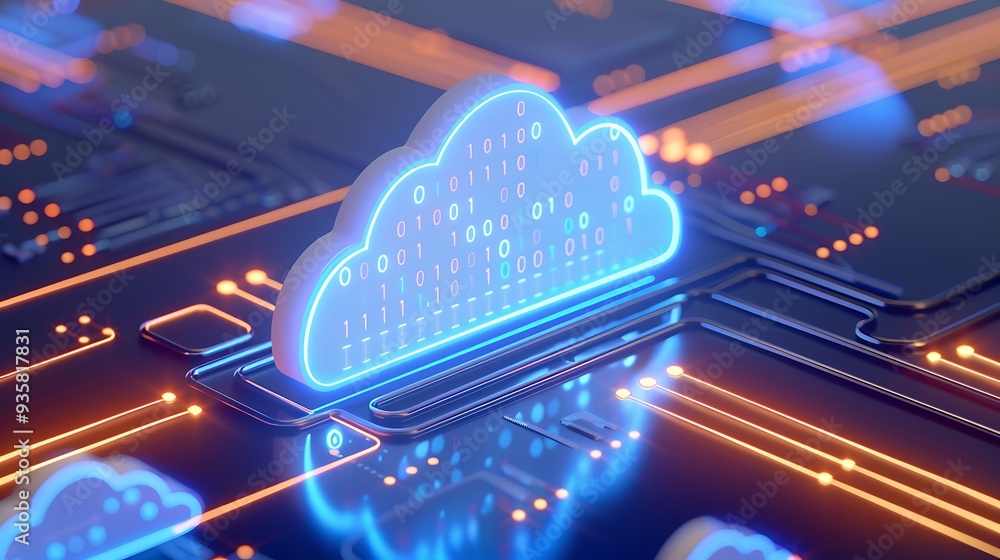 Poster visual representation of cloud computing technology with a glowing cloud shape on a digital circuit 