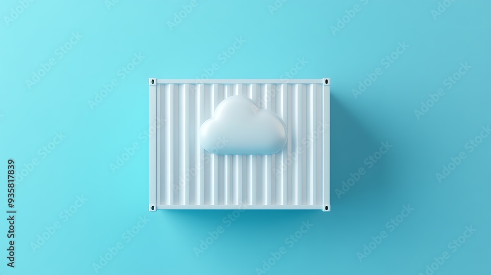 Poster white cloud icon on a white shipping container with a blue background, representing cloud computing 