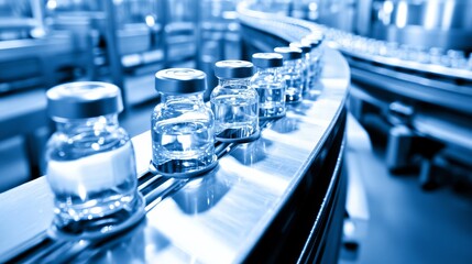 A conveyor belt with medical vials in a drug manufacturing facility factory. A pharmaceutical medicine manufacturing process using stock.