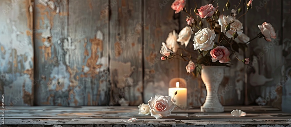 Poster sale arrangement studio photograph on a wooden backdrop. copy space image. place for adding text and