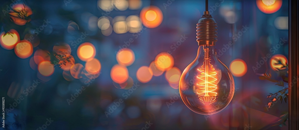 Poster classic retro incandescent led electric lamp on a blurred background vintage light bulb. copy space 