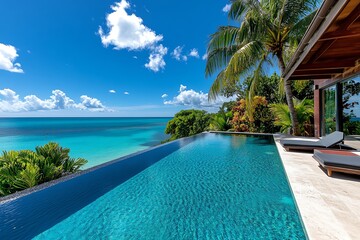 A luxury villa on a paradise island, with a private infinity pool overlooking the ocean, and lush tropical gardens surrounding the property