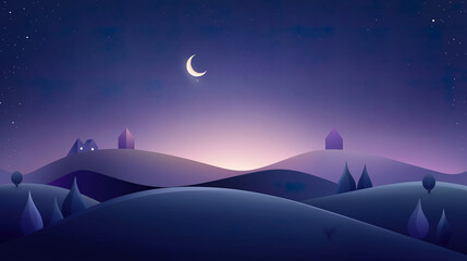 Obraz premium flat illustration of dreamy starry sky with silhouette of mountains at night
