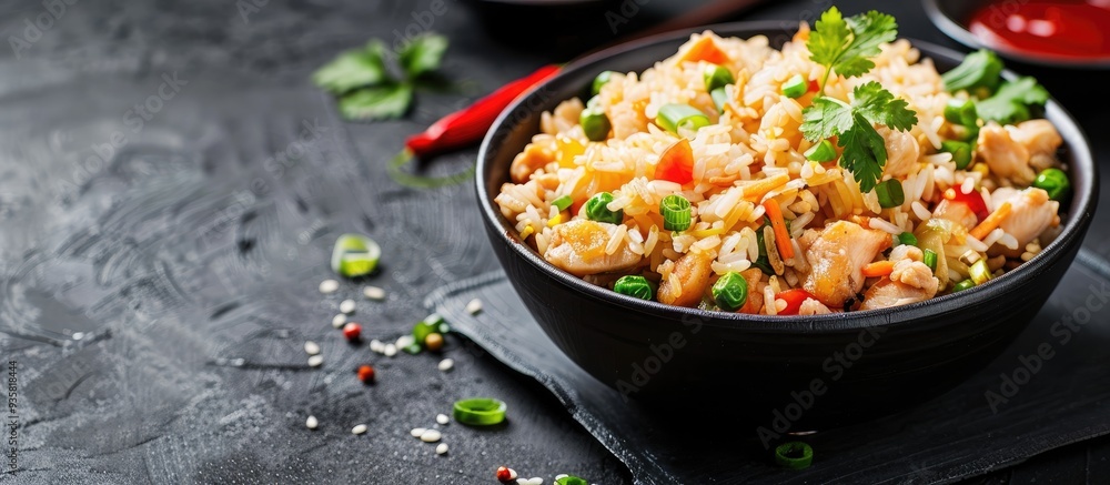 Poster chicken and ketchup fried rice. copy space image. place for adding text and design