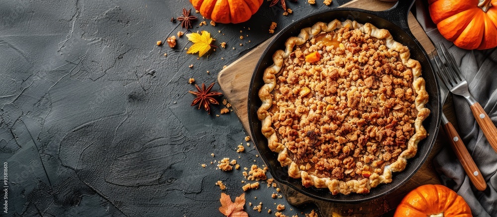 Canvas Prints Homemade fall pastries pumpkin crumble pie in a cast iron skillet light stone backdrop copyspace top view