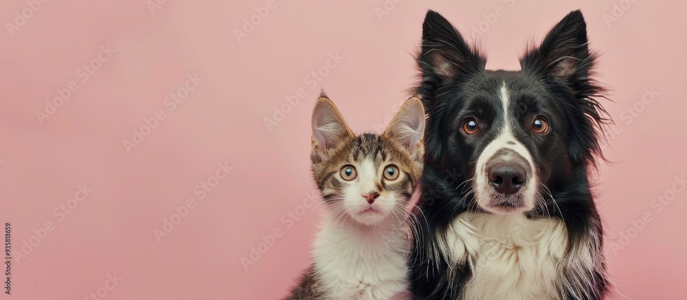 Poster portrait of a tabby cat and a border collie sheepdog gazing at the camera against a pastel pink back