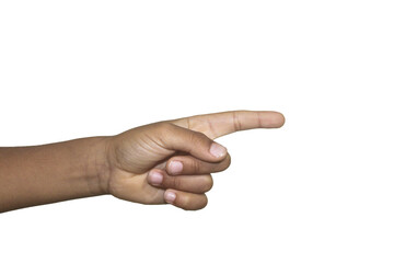 A close-up of a human hand pointing to the right. The hand is on a white background.