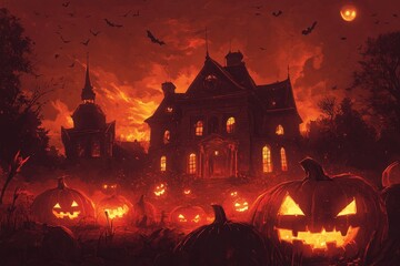 Spooky Halloween Zoom Background Featuring Haunted Mansion with Glowing Jack-O'-Lanterns and Bats in Night Sky