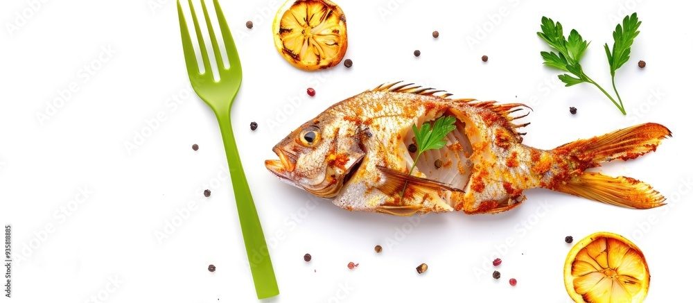 Aufkleber baked spicy fish with a green fork on a white background. copy space image. place for adding text an