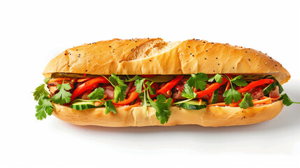 A freshly made Banh Mi sandwich with crispy baguette on a white background