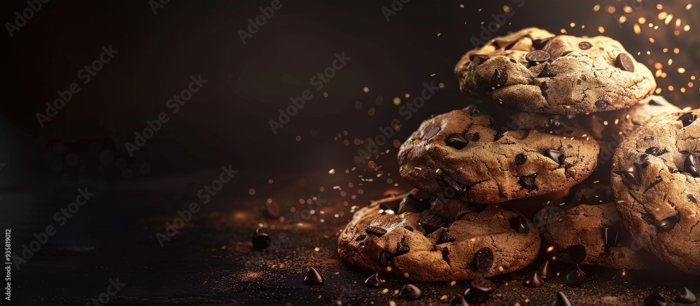 Poster delicious chocolate chip cookies being topped. copy space image. place for adding text and design