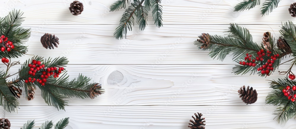 Poster spruce branches cones and red berries set against a white wooden backdrop a background for christmas