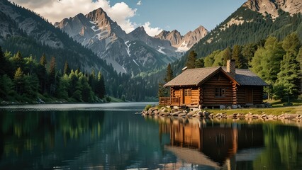 Fototapeta premium A rustic, log cabin surrounded by towering mountains and a serene lake, perfect for a peaceful getaway.