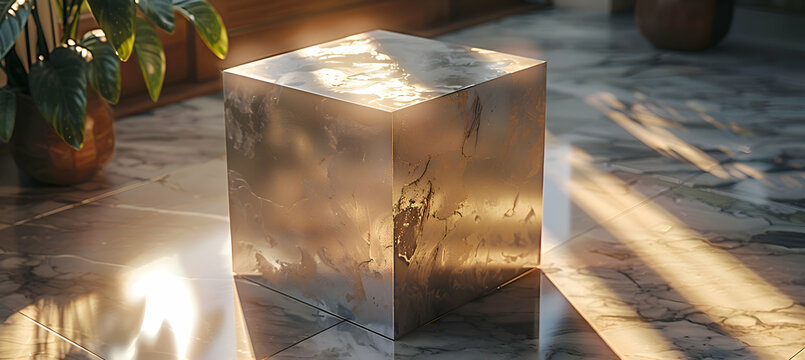 A realistic shot of a metallic 3D cube casting shadows on a polished marble floor