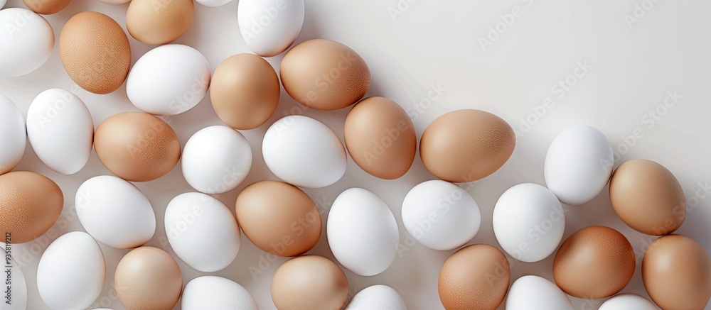 Poster macro perspective of brown and white eggs against a white background. copy space image. place for ad