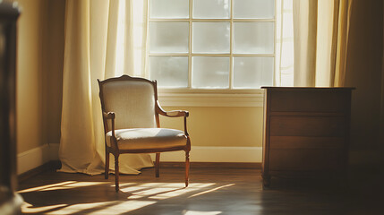 peaceful room filled with sunlight, featuring a vintage chair, an antique table and a classic chest with light streaming through big windows, casting soft shadows