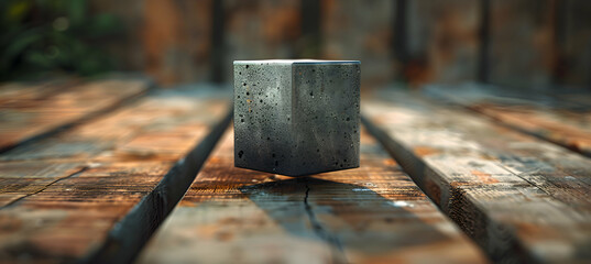 A realistic shot of a metallic 3D object floating above a polished wooden table, with complex shadows
