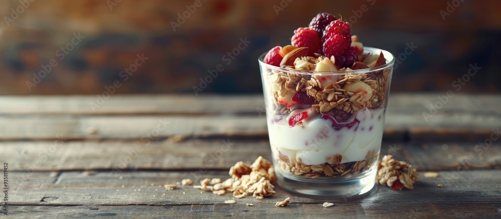 Aufkleber delicious granola with berries nuts and yogurt in a glass on a wooden table with room for text. copy