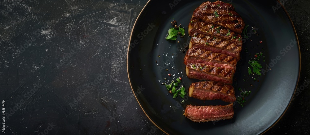 Poster sliced grilled top blade steak on a plate organic beef black background top view. copy space image. 