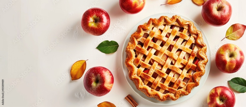 Poster composition featuring a tasty homemade apple pie on a light background vegan option available. copy 