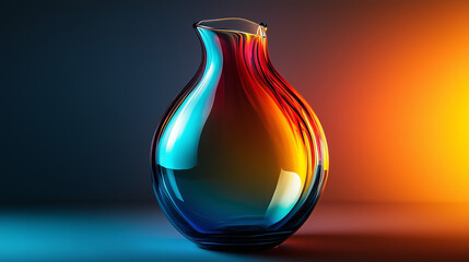 A Murano glass vase with smooth color transitions from blue to red, placed against a background...