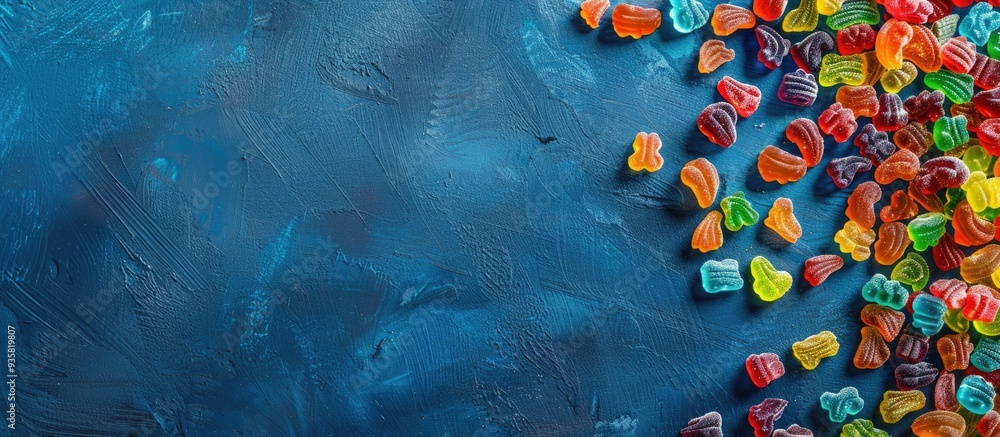 Poster a colorful assortment of jelly sweets as a background with copyspace for text top view