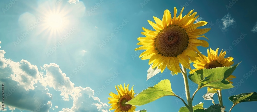 Poster sunflowers blossoming beneath the summer sky. copy space image. place for adding text and design