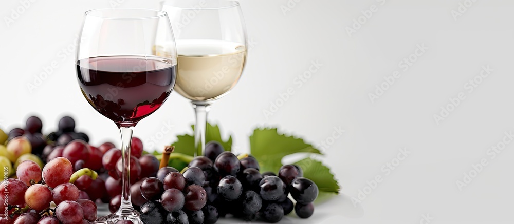 Poster glasses of red and white wine at a tasting accompanied by grapes and a space for text. copy space im