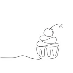Single continuous line drawing of cupcake with cherry fruit topping art. Sweet pastry concept. Modern one line draw design vector graphic illustration for cake shop logo
