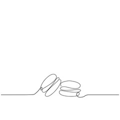 Obraz premium Continuous one line drawing of colorful French macaroons isolated on white background. Hand drawn macarons minimal design art, confectionery concept. Vector illustration for restaurant menu