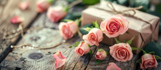 Fototapeta premium Lovely pink roses alongside a gift box on a wooden surface. Copy space image. Place for adding text and design