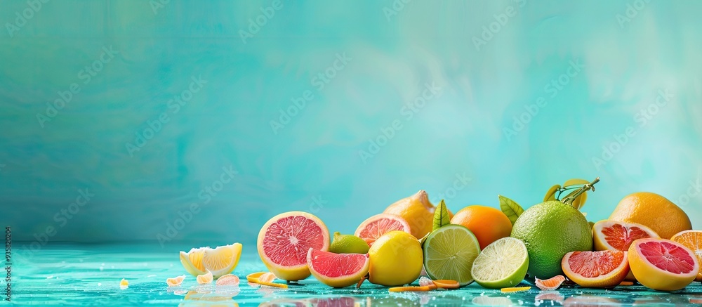 Poster citrus fruit assortment on a turquoise backdrop. copy space image. place for adding text and design