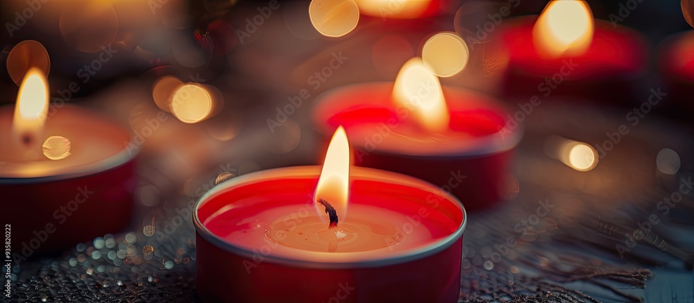 Poster red and white candles lit close up image of small red and white candles burning with a dark backgrou