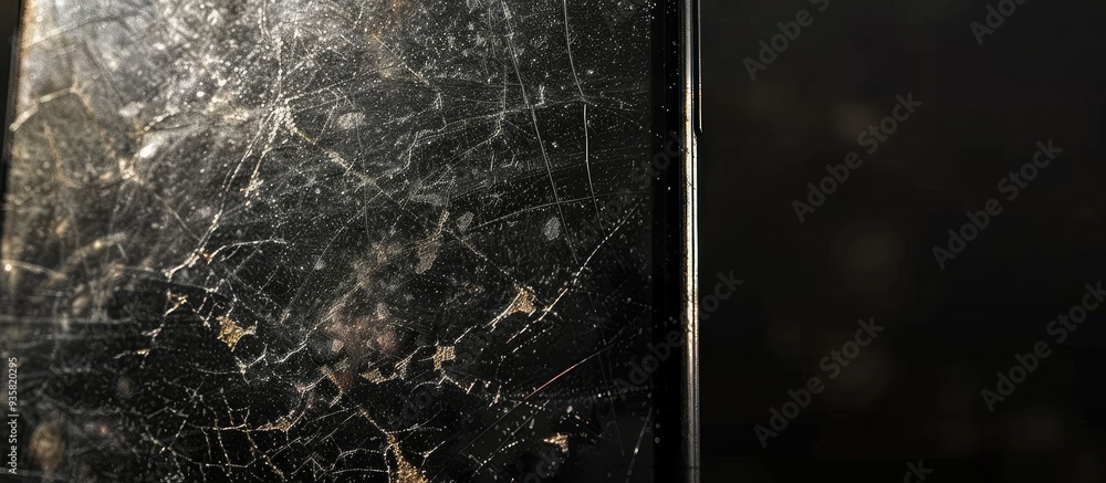 Poster dirty smartphone screen with smudged fingerprints dust scratches and cracked glass. copy space image