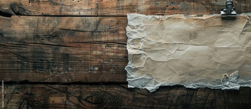 Poster wooden board featuring a clip and a blank piece of ripped paper. copy space image. place for adding 