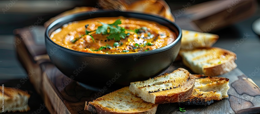 Poster bowl of cheddar dip with toasted bread. copy space image. place for adding text and design
