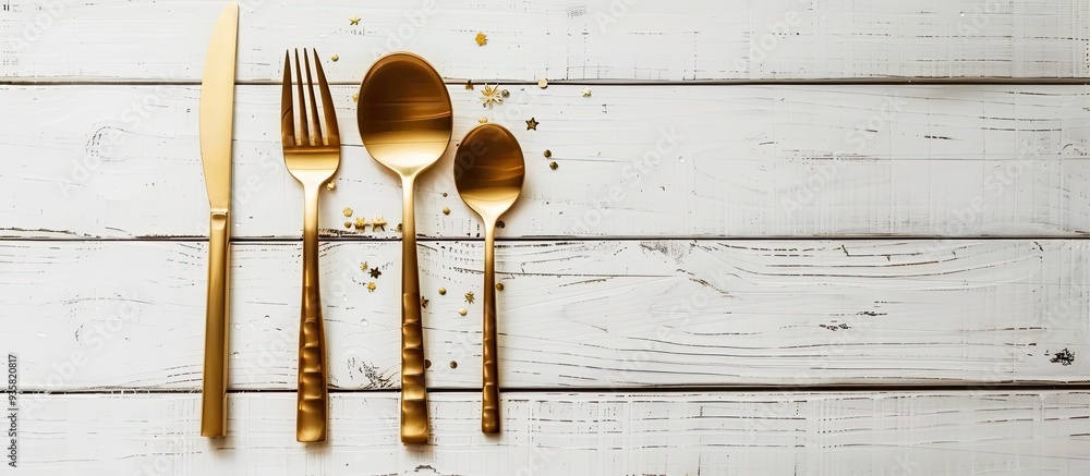 Poster elegant table setting featuring golden cutlery on a white wooden surface. copy space image. place fo