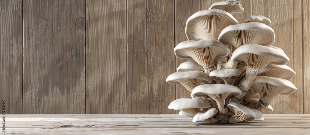 Poster oyster mushrooms clustered on a wooden surface. copy space image. place for adding text and design