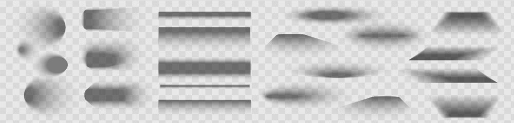 Square and rectangle box shadow effects. Realistic overlay and transparent shadows vector set, shades falling from objects on floor with soft black edges and dark corners, transparent background