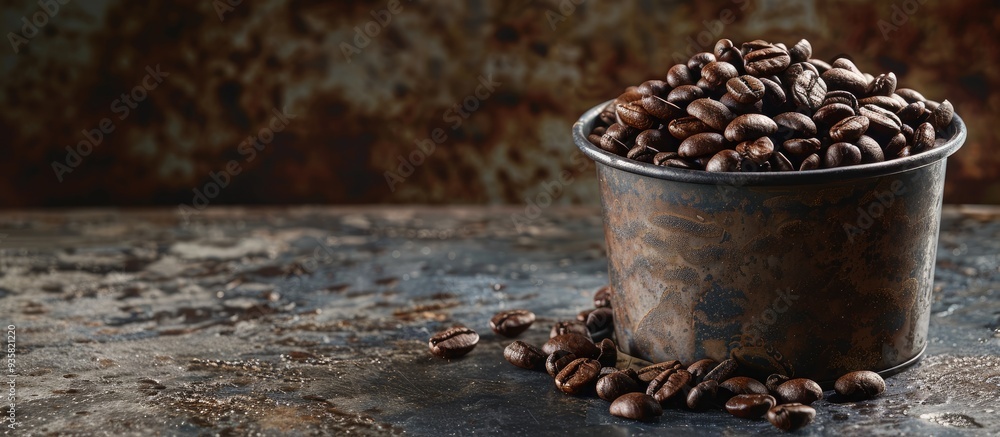 Poster coffee beans in a tin measuring cup set against a dark rustic background low key lighting with shall