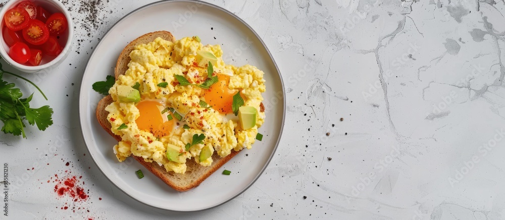 Poster plate featuring delicious scrambled eggs avocado and toast on a light background. copy space image. 