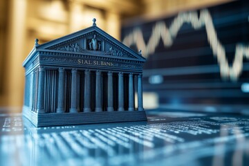 This image shows a model of a classical building set against a background of fluctuating stock market data, representing the dynamics of the stock exchange.