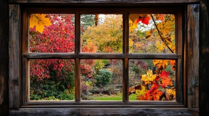 Rustic window frame showcases vibrant autumn hues in a backyard tapestry, where falling leaves paint the season's canvas.