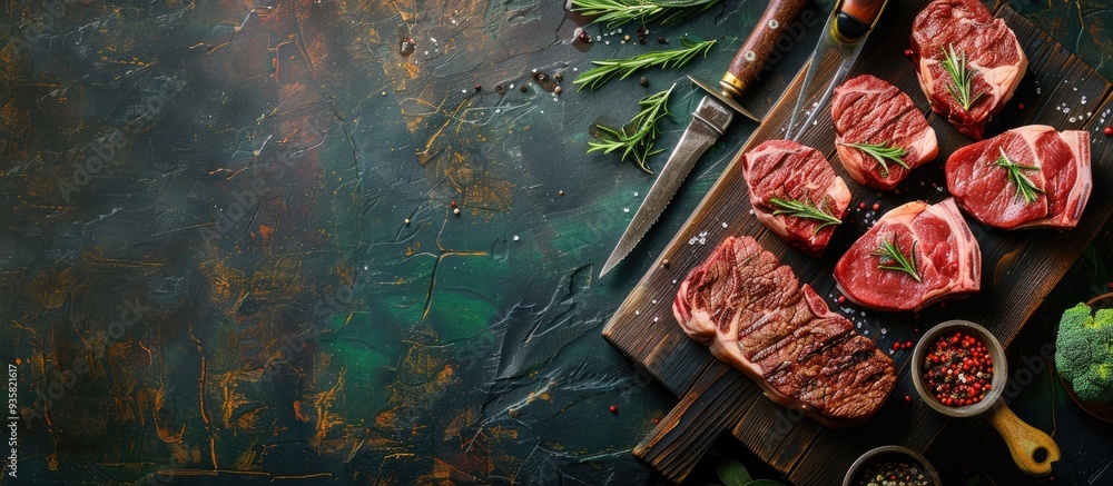 Poster a selection of raw beef steaks for grilling accompanied by seasonings and utensils arranged on a dar