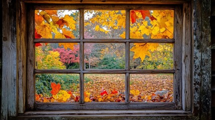 Rustic window frame showcases vibrant autumn hues in a backyard tapestry, where falling leaves paint the season's canvas.