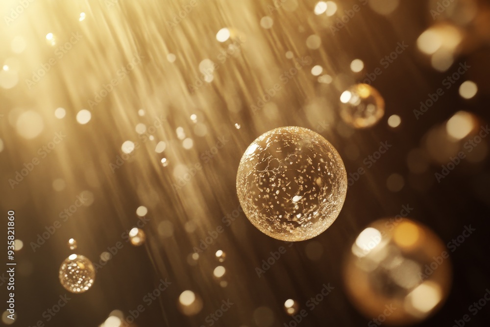 Poster Beautiful close-up of golden spheres floating in the air highlighted by mesmerizing beams of light, capturing an enchanting abstract atmosphere with intricate details.