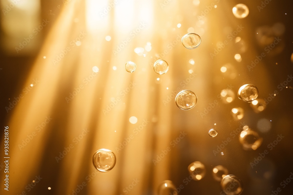 Poster Stunning image of light rays shining through space with transparent bubbles floating gently, creating a peaceful and abstract scene filled with delicate beauty.