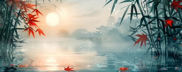 A serene landscape with a large sun in the background